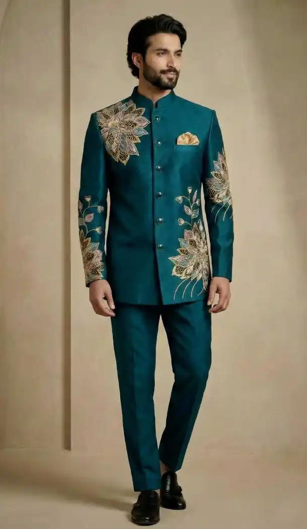 Teal Blue Satin Silk Ethnic Sherwani for Men - 218589