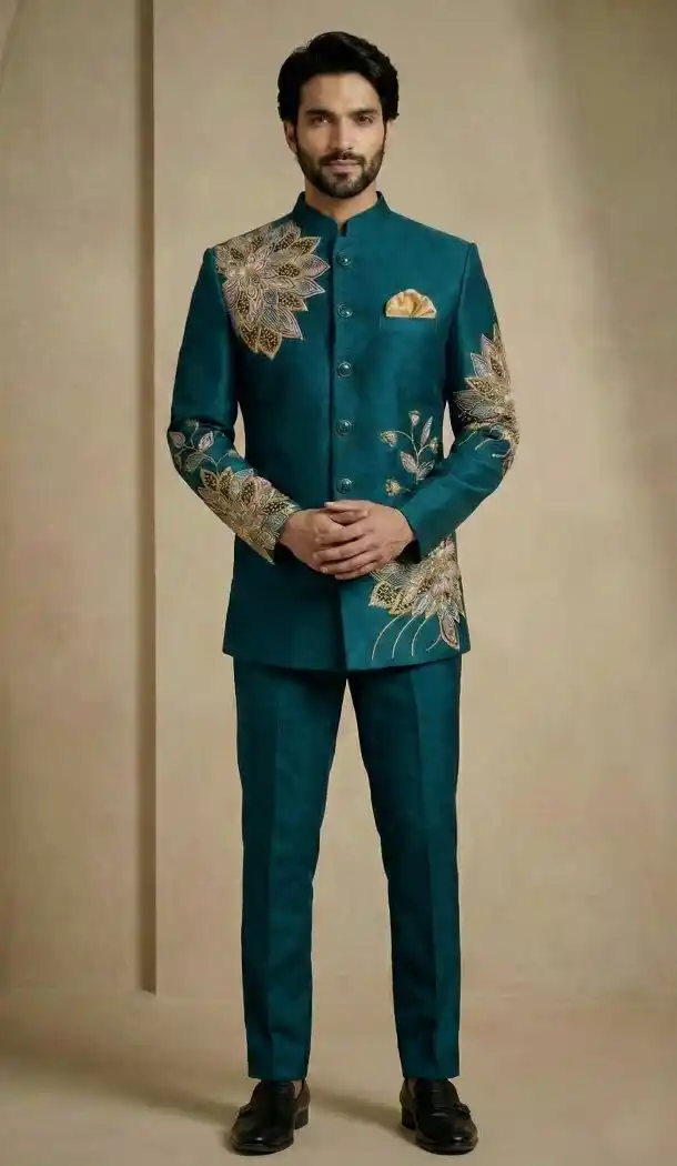 Teal Blue Satin Silk Ethnic Sherwani for Men - 218589
