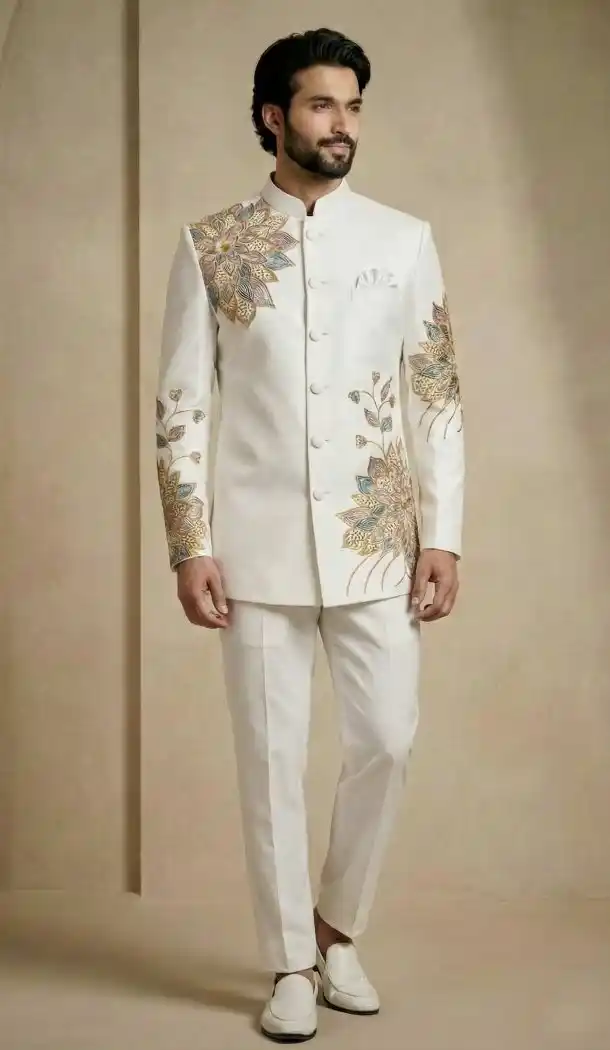 White Satin Silk Groom Sherwani for Men - 218590