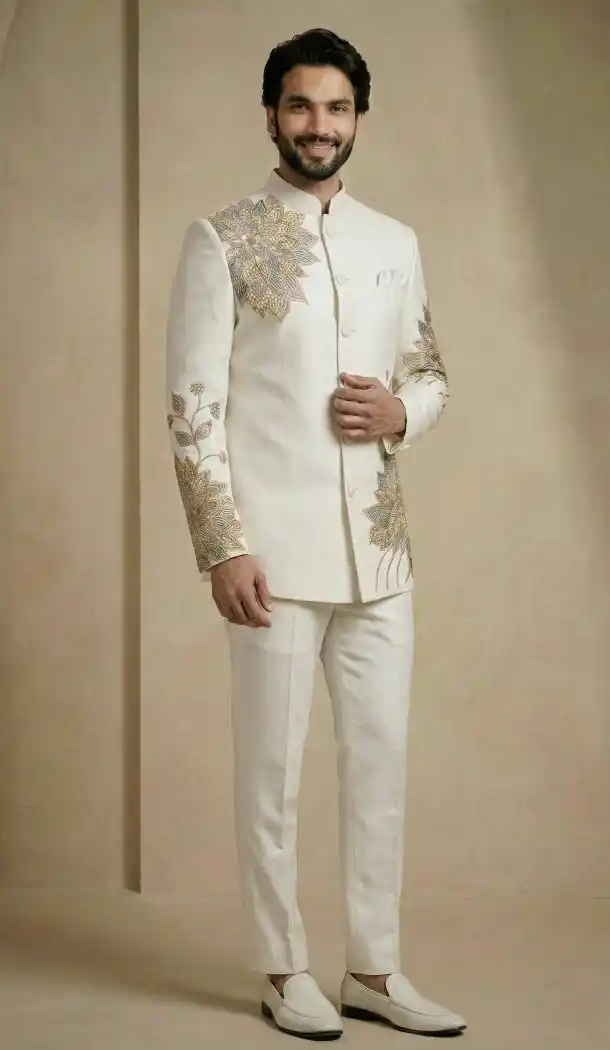 White Satin Silk Groom Sherwani for Men - 218590