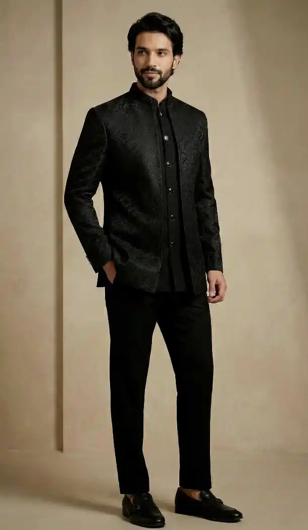 Black Donier Jacquard Sherwani for Men - 218600