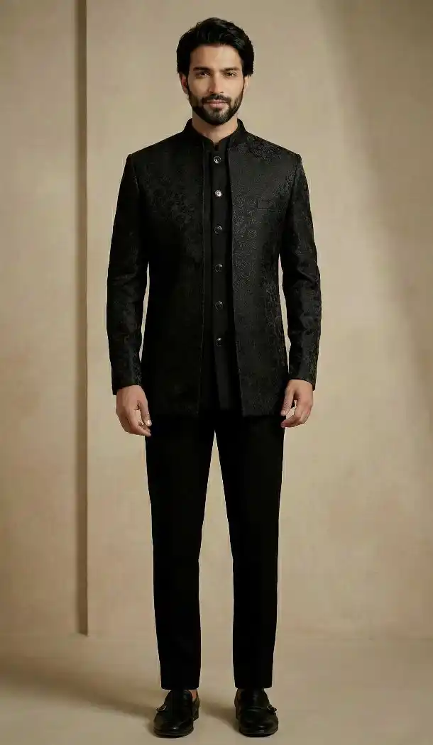 Black Donier Jacquard Sherwani for Men - 218600