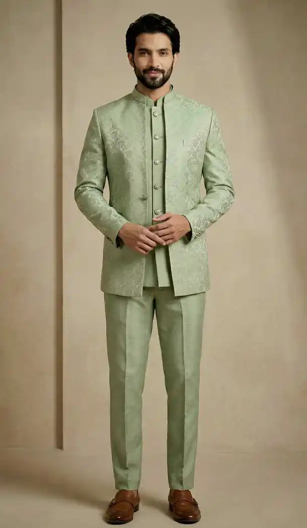 Pista Green Donier Jacquard Wedding Sherwani - 218601