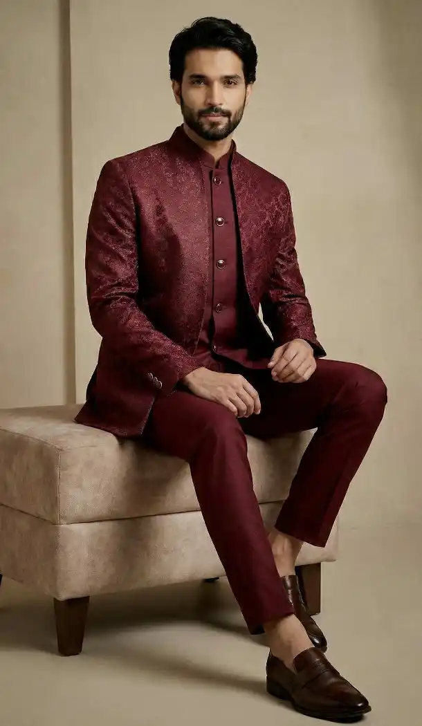 Dark Maroon Donier Jacquard Sherwani - 218603