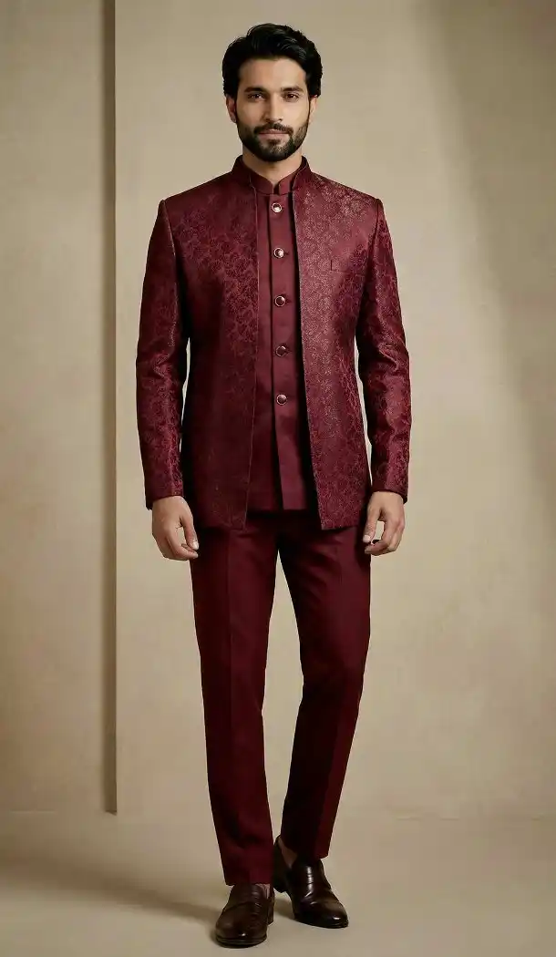 Dark Maroon Donier Jacquard Sherwani - 218603