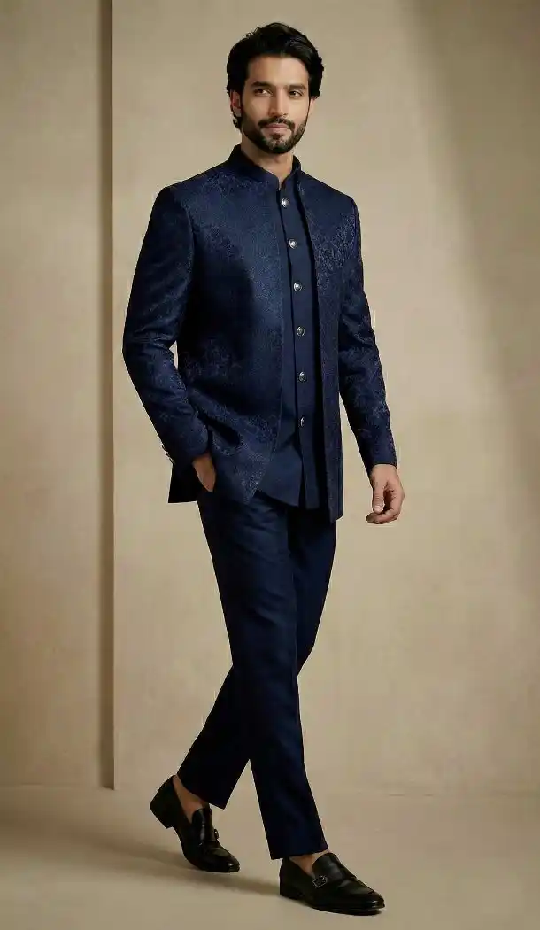 Navy Blue Donier Jacquard Ethnic Sherwani - 218604