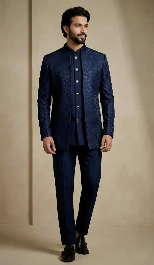 Navy Blue Donier Jacquard Ethnic Sherwani - 218604