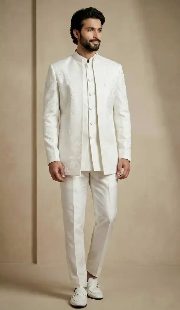 White Donier Jacquard Wedding Sherwani - 218605