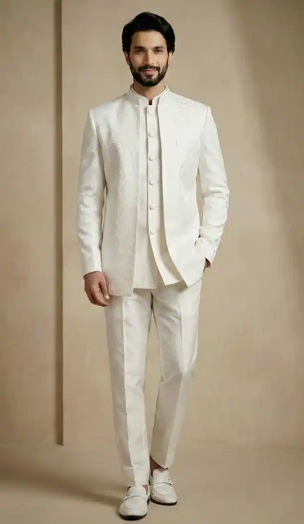White Donier Jacquard Wedding Sherwani - 218605