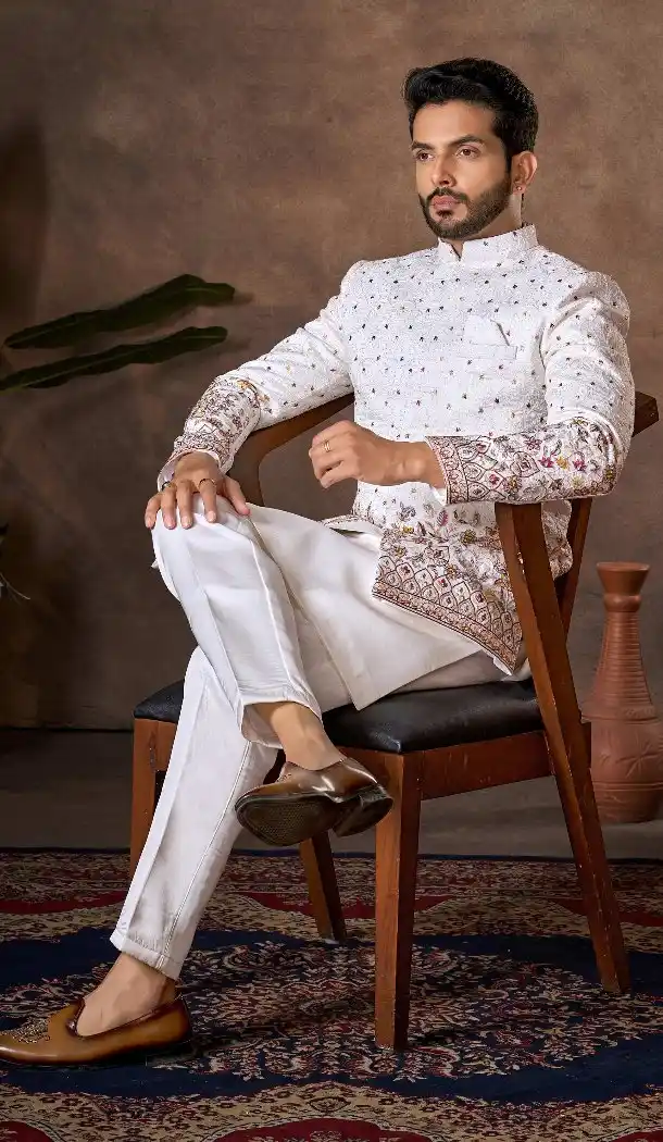 White Premium Silk Indo Western for Men - 218637