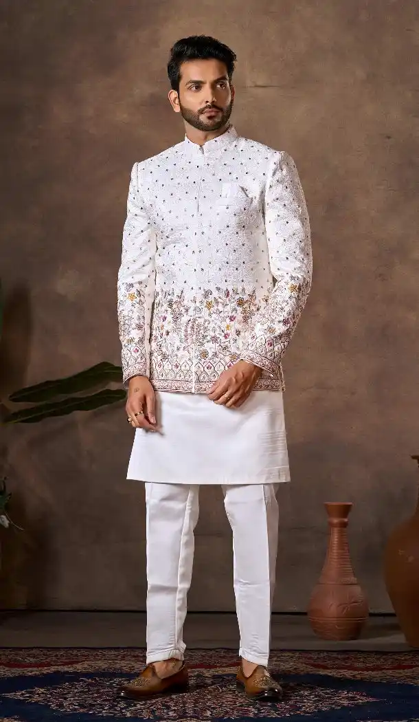 White Premium Silk Indo Western for Men - 218637