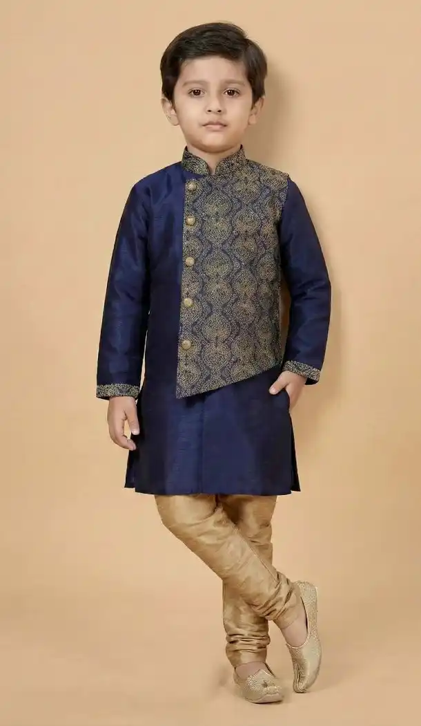 Navy Blue Dhupion Silk Kurta Pajama for Kids - 218650