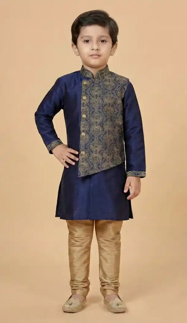 Navy Blue Dhupion Silk Kurta Pajama for Kids - 218650