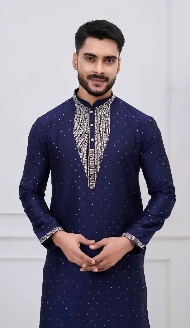 Elegant Navy Blue Silk Kurta Pajama - 218661