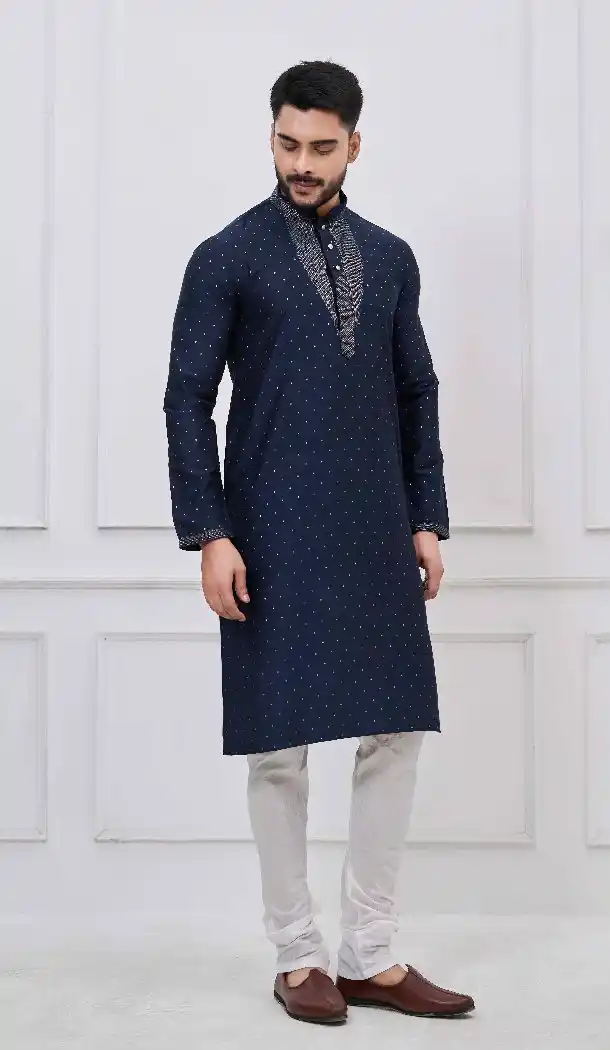 Men’s Navy Blue Silk Ethnic Kurta Set - 218662