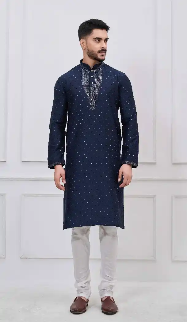 Men’s Navy Blue Silk Ethnic Kurta Set - 218662
