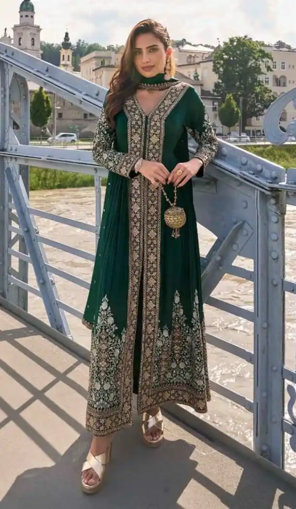 Bottle Green Chinon Anarkali Suit with Embroidery - 218769