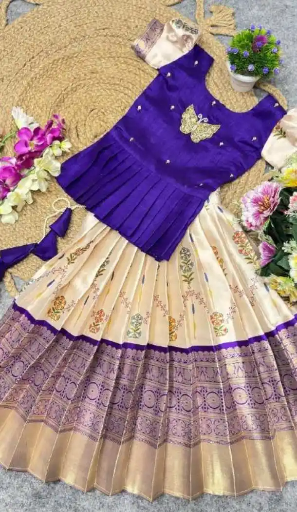 Cream Jacquard Digital Print Girl Lehenga Choli - 218802