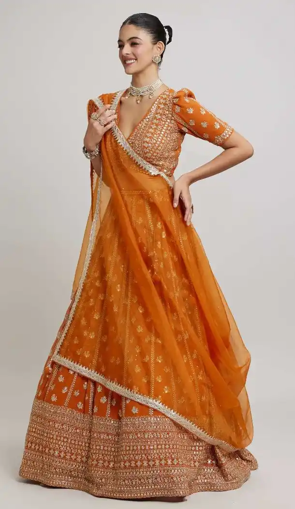 Orange Faux Georgette Zari Embroidery Lehenga Choli - 218819