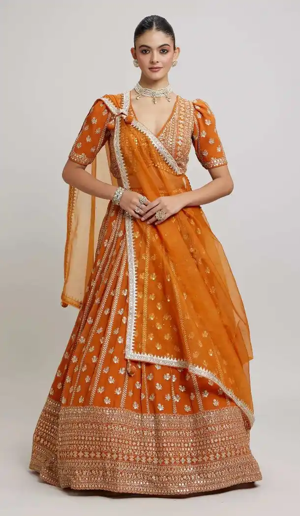 Orange Faux Georgette Zari Embroidery Lehenga Choli - 218819