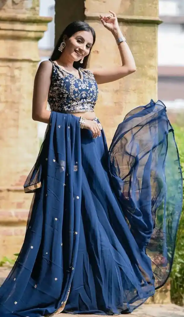 Blue Zari Embroidery Faux Georgette Lehenga - 218821