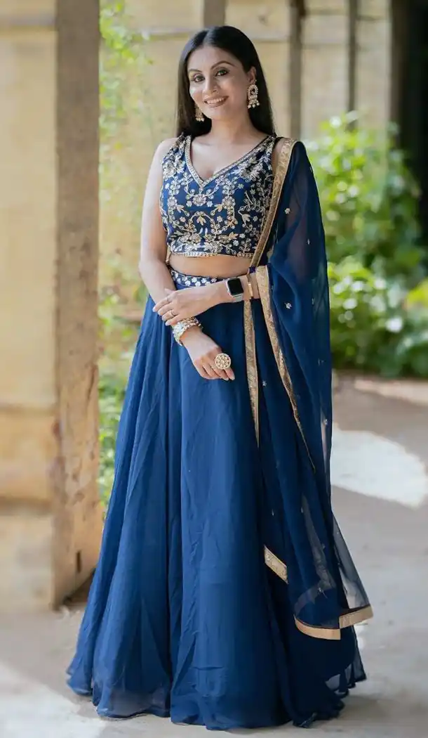 Blue Zari Embroidery Faux Georgette Lehenga - 218821