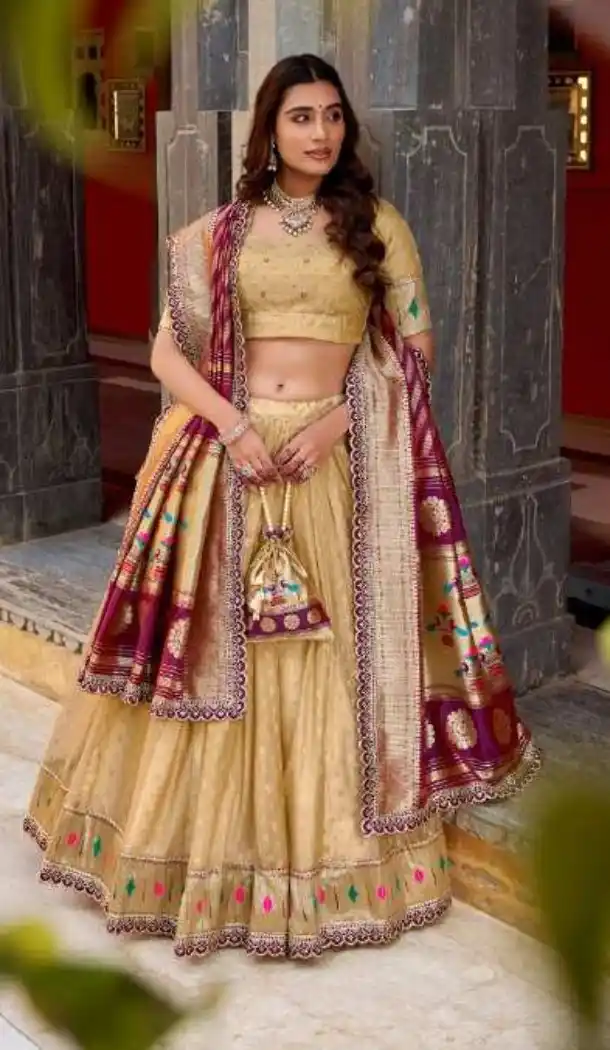 Cream Zari Weaving Organza Lehenga - 218834