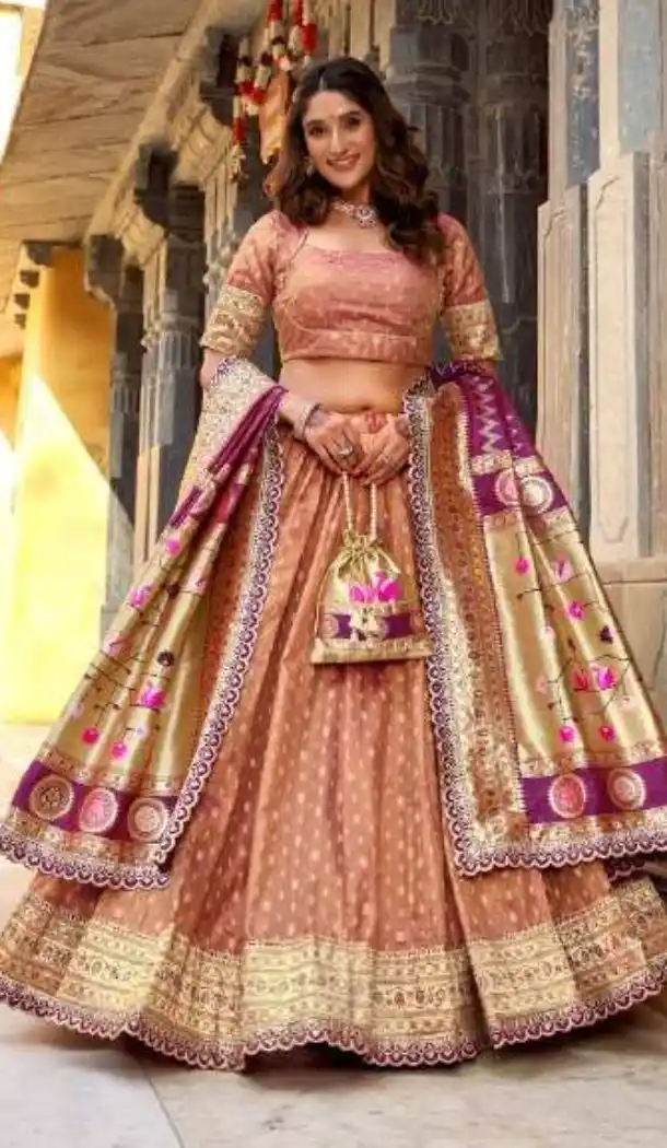 Peach Organza Zari Work Lehenga Choli - 218836