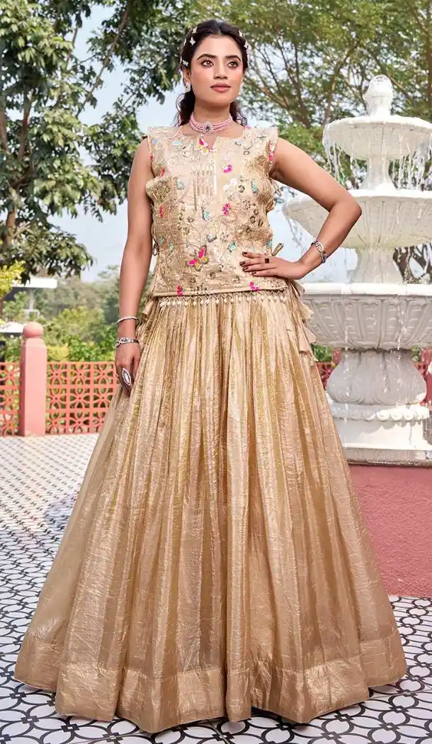 Beige Pure Gold Crush Silk Embroidery Lehenga Choli - 218865