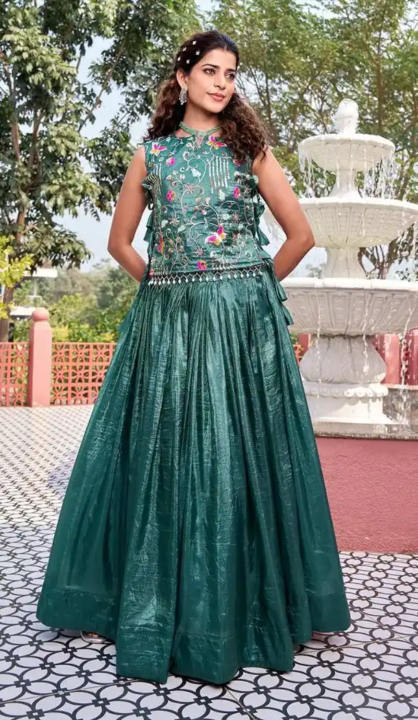 Teal Green Pure Gold Crush Silk Lehenga Choli - 218867