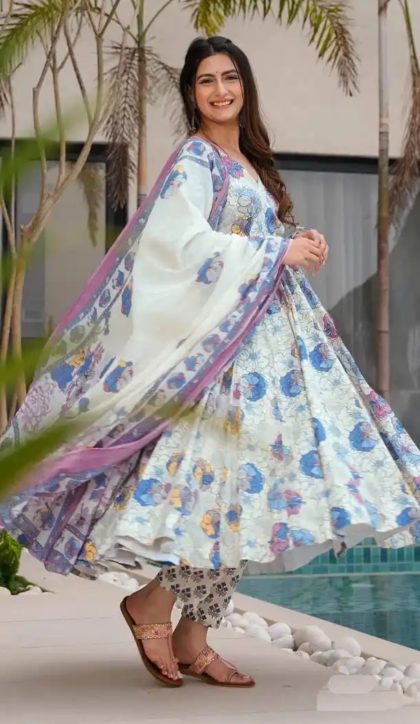 White Muslin Party Wear Printed Suit - 218885