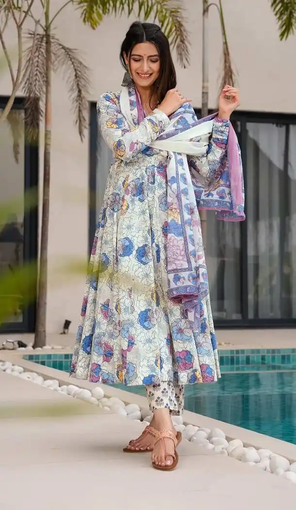 White Muslin Party Wear Printed Suit - 218885