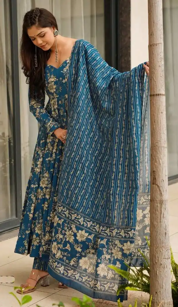 Teal Blue Muslin Printed Party Wear Suit - 218887