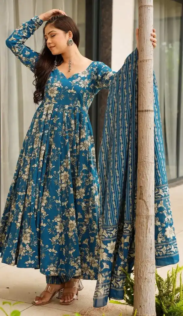 Teal Blue Muslin Printed Party Wear Suit - 218887