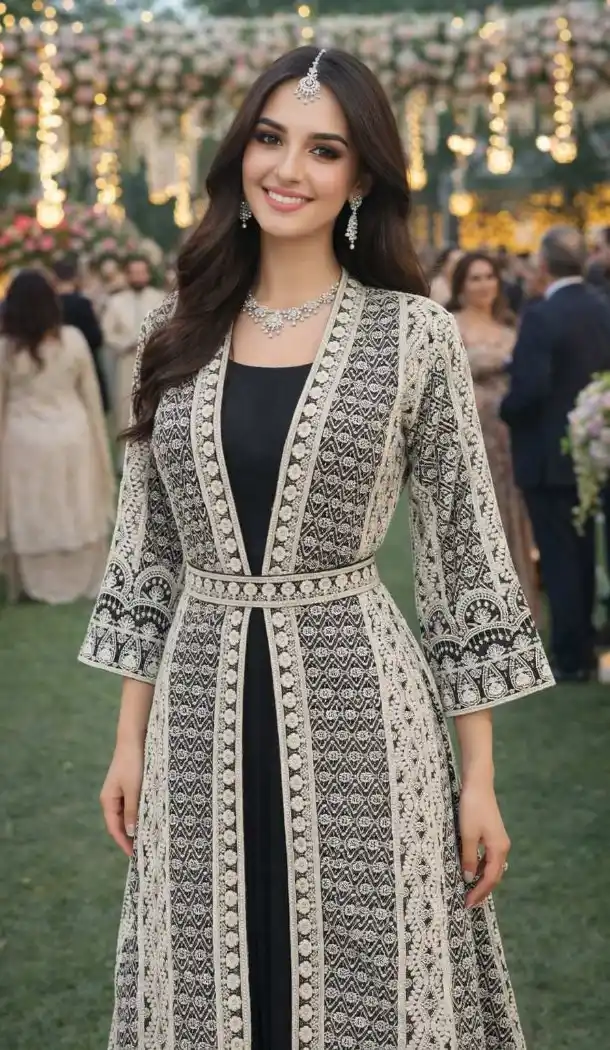 Elegant Black Chinon Silk Embroidery Gown - 219007