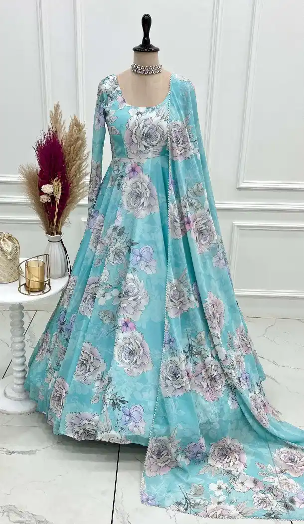 Sky Blue Faux Georgette Floral Print Anarkali Salwar Suit - 219191