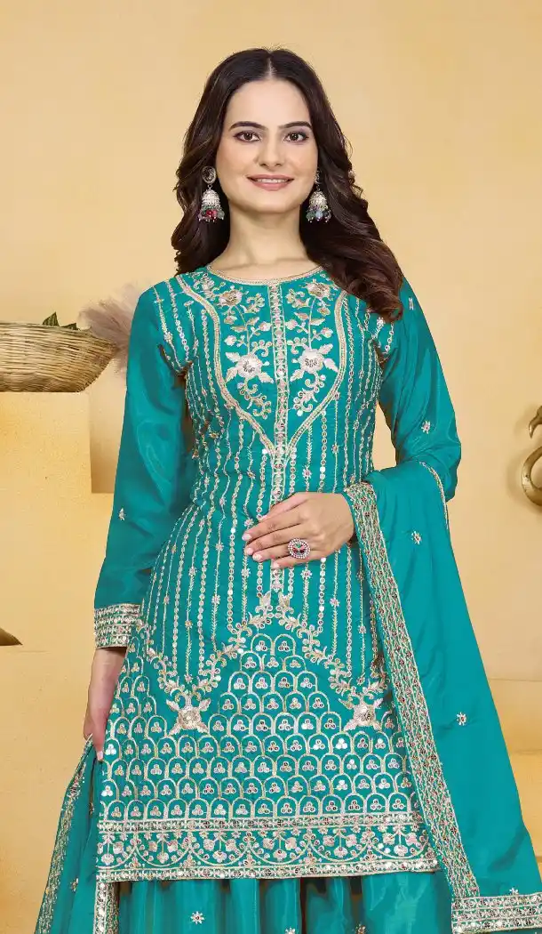 Elegant Firozi Natural Crepe Sequin Work Palazzo Suit - 219198