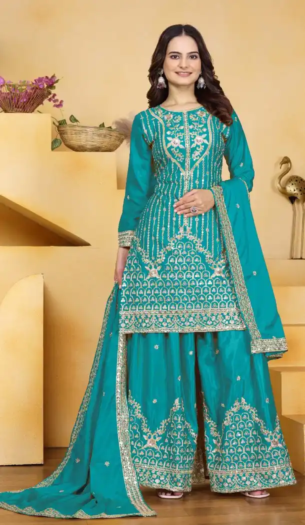 Elegant Firozi Natural Crepe Sequin Work Palazzo Suit - 219198