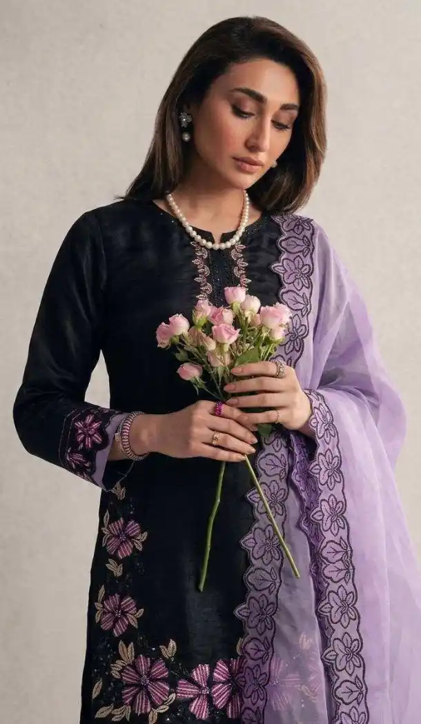 Black Roman Glass Silk Embroidery Punjabi Suit - 219444