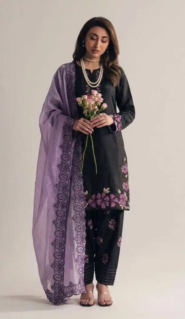 Black Roman Glass Silk Embroidery Punjabi Suit - 219444