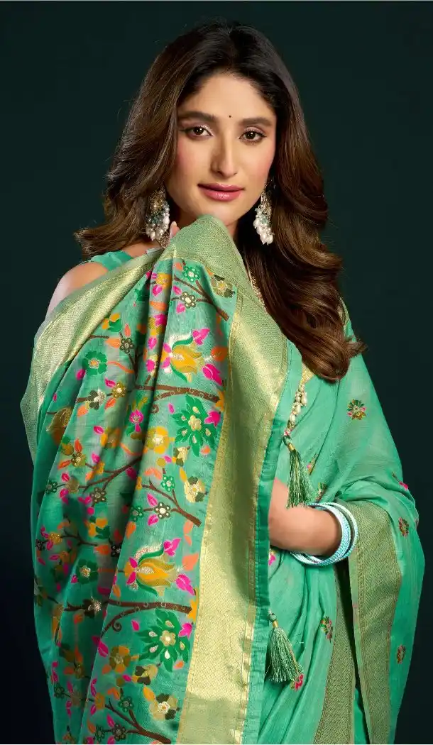 Mint Green Cotton Party Wear Saree with Mina Work - 219472