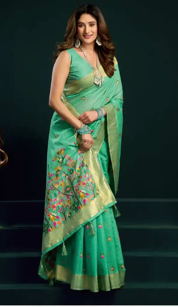 Mint Green Cotton Party Wear Saree with Mina Work - 219472