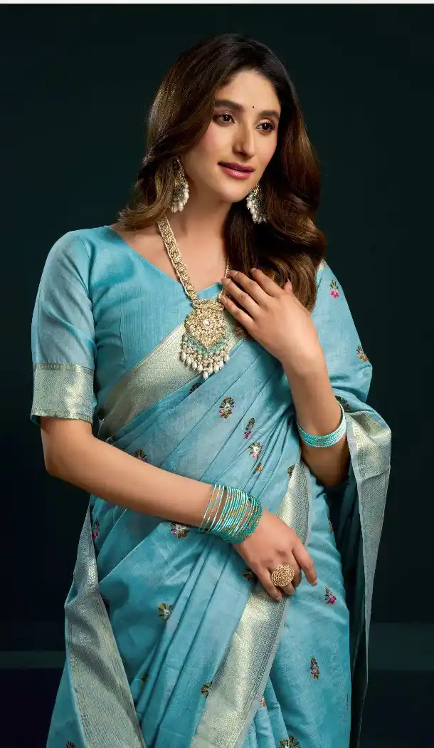 Sky Blue Cotton Party Wear Saree with Zari Border - 219473