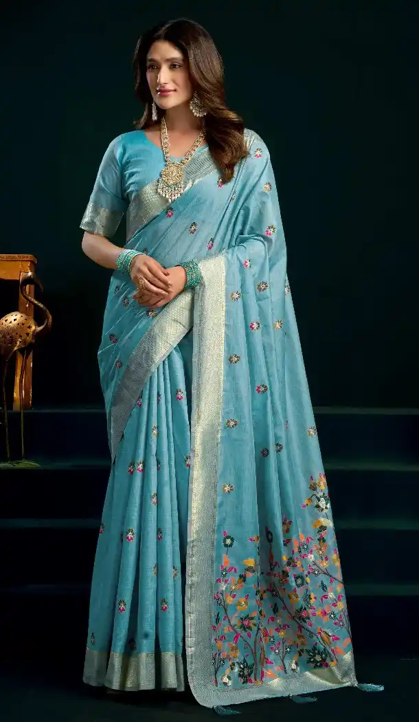Sky Blue Cotton Party Wear Saree with Zari Border - 219473