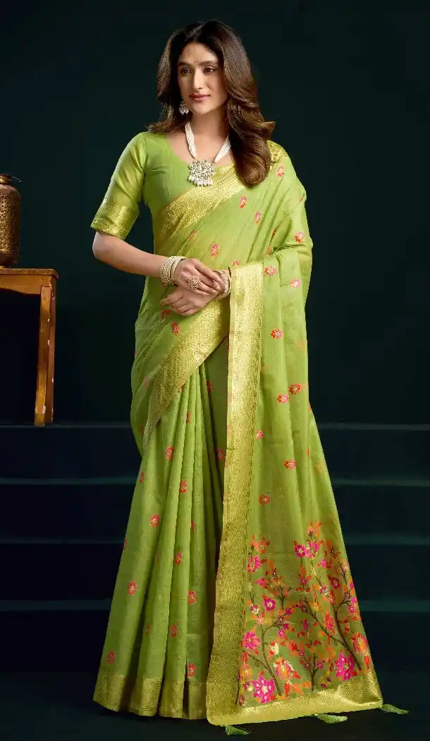 Pista Green Cotton Party Wear Saree with Zari Border - 219475