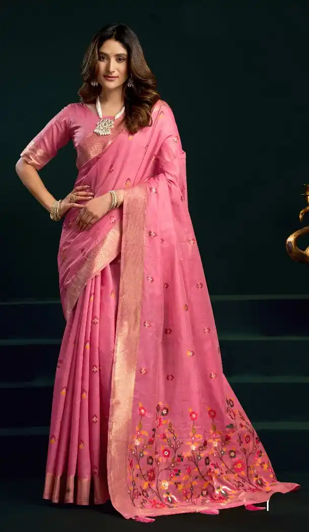 Pink Cotton Mina Work Party Wear Saree - 219476