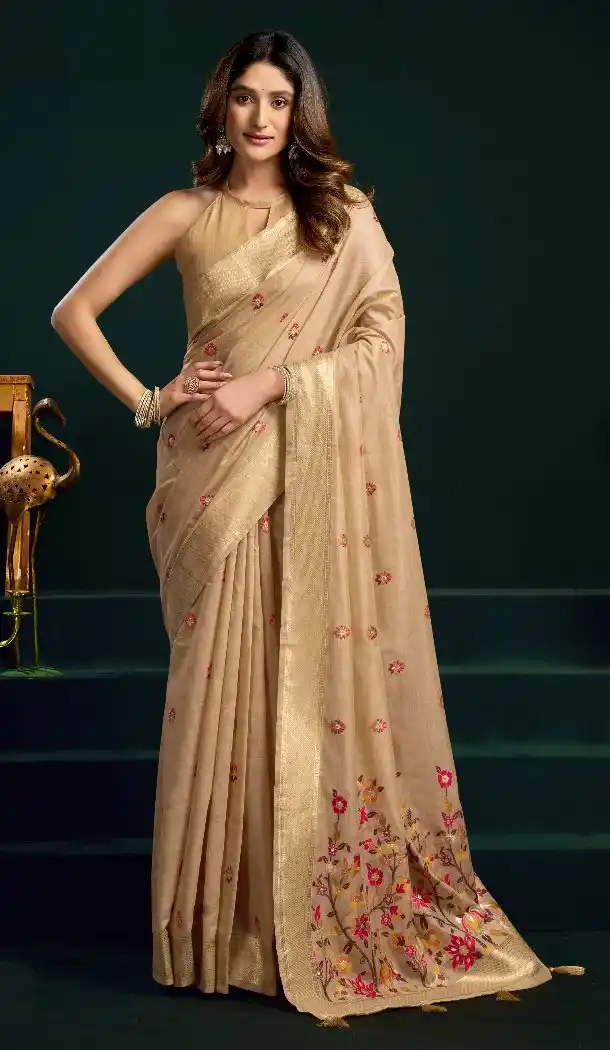 Chiku Cotton Party Wear Saree with Mina Work - 219477