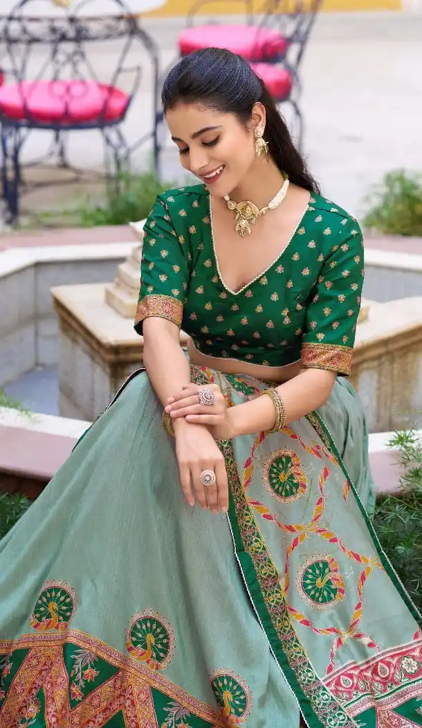Green Tasar Silk Printed Lehenga Choli - 219491
