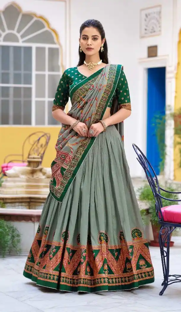 Green Tasar Silk Printed Lehenga Choli - 219491