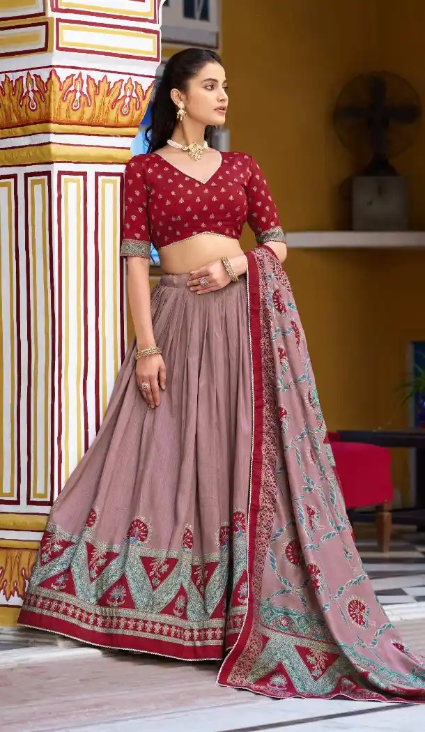 Maroon Tasar Silk Lace Border Lehenga - 219492